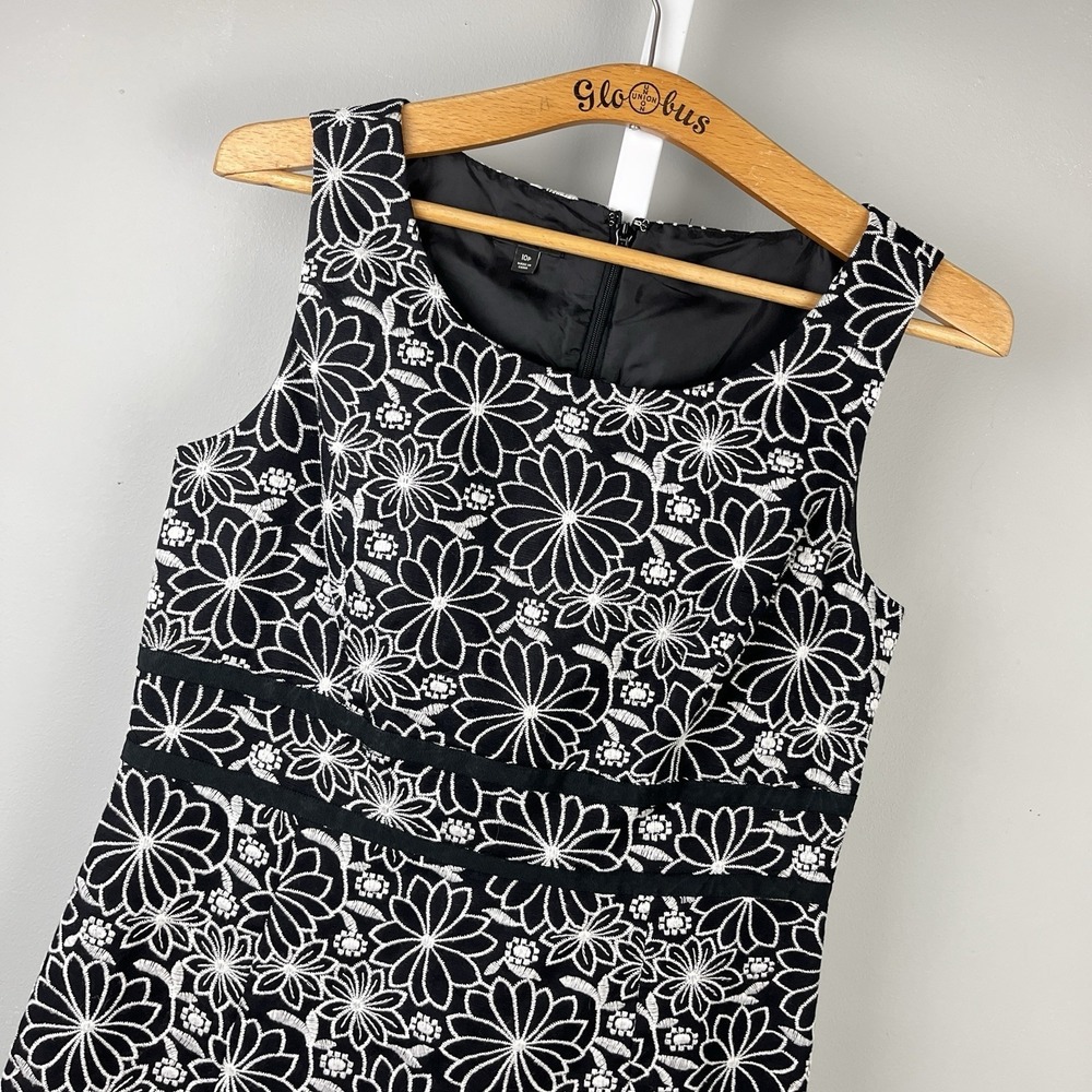 Talbots Petites Dress‎ Womens 10P Linen Cotton Black Embroidered Floral Flowers